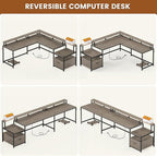 SEDETA L Shaped Desk, 66" Home Office Desk with Wood File Drawer, Power Outlet, Corner Computer Desk with Monitor Shelf, Printer Storage Shelves, Gaming Desk with Led Lights, Two Person Desk, Walnut