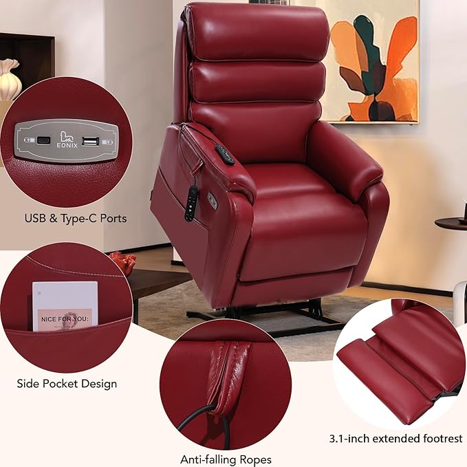 EONIX Wide Lay Flat Power Lift Recliner Chair for Elderly, Heavy Duty Oversized Breathable Faux Leather Lift Chairs Recliner Sofa with Heat and Massage and Charging Ports, Burgundy