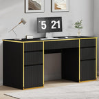 58 Inch Executive Desk with 7 Drawers, Black and Gold Desk with File Drawers for Bedroom, Home Office Desk with Storage for Study, Living Room