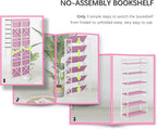 4NM 6 Tiers No Assembly Book Shelves, 61.8" H Folding Bookshelf Bookcase Open Industrial Foldable Shelves for Bedroom, Living Room, Home Office - Pink White