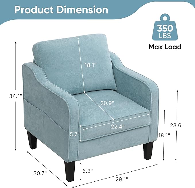 Accent Chairs Set of 2, Upholstered Living Room Chairs with Side Pockets, Mid Century Modern Reading Chair for Bedroom, Comfy Armchair Single Sofa Side Chair for Office, Small Room, Teal Green