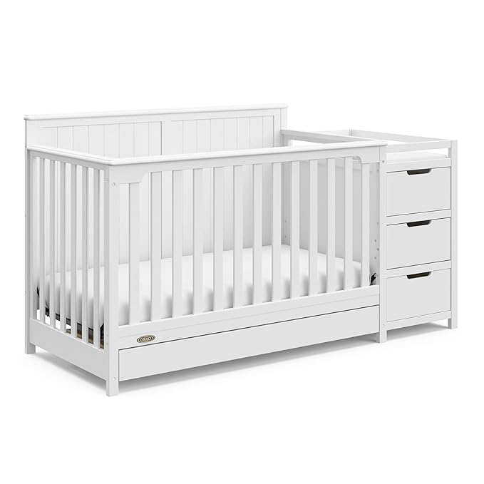 Graco Hadley 5-in-1 Convertible Crib & Changer (White) – GREENGUARD Gold Certified, Fits Standard Crib Mattress, Converts to Toddler Bed and Full Bed, 4 Adjustable Mattress Heights