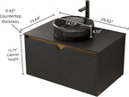 30 Inch Bathroom Vanity with Sink, Floating Fluted Vanity with Vessel Sink, Modern Bathroom Vanity Cabinet with 2 Doors with Metal Trim, Round Glass Sink & Sintered Stone Top, Black