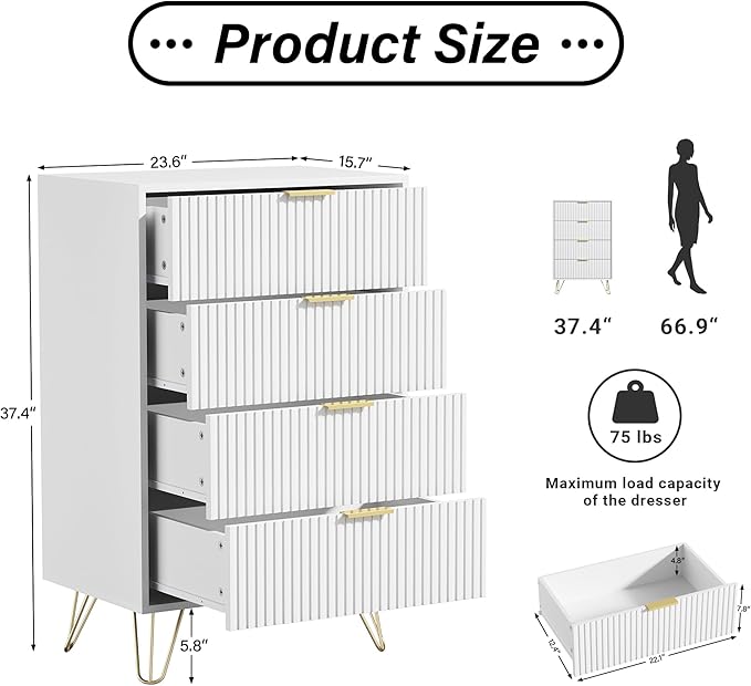 White Dresser for Bedroom, Modern Wide Dresser with Gold Pulls and 4 Drawers for Bedroom, Closets, 15.7" D x 23.6" W x 37.4" H