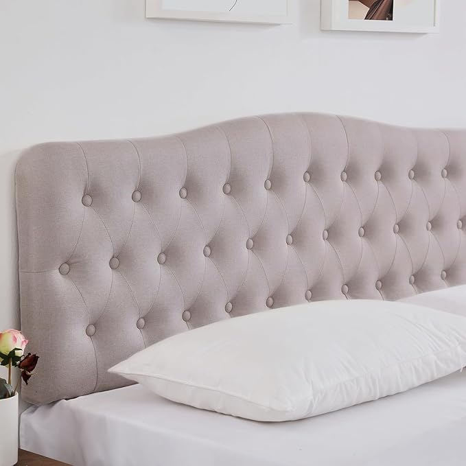Upholstered King Headboard, Button Diamond Tufted Headboard with Adjustable Height and Solid Wood Leg, Linen Fabric Padded Headboards for King Size Bed, Mordern Head Board, Beige