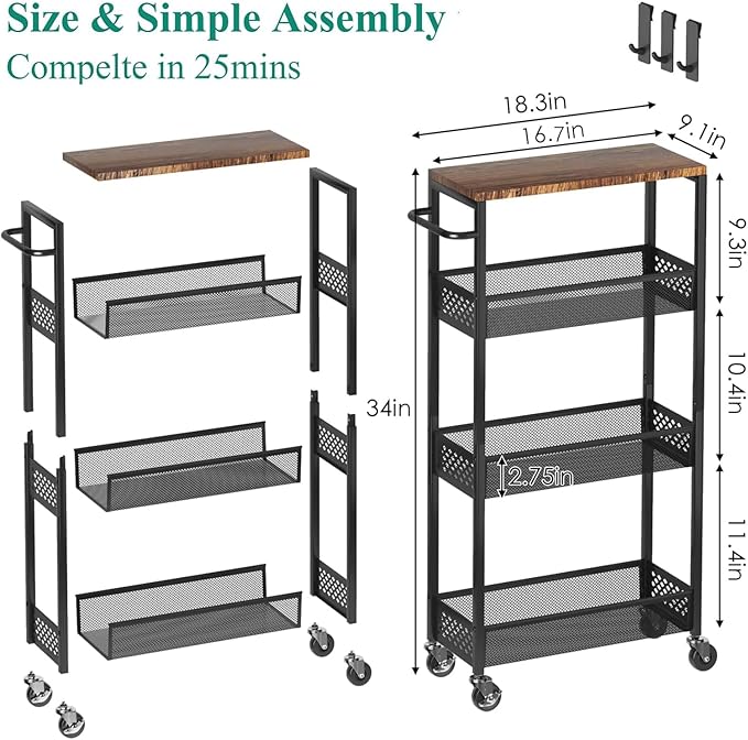 Slim Storage Cart 4 Tier Fruit and Vegetable Baskets for Kitchen Small Space, Narrow Laundry Cart on Wheels with Wooden Top and Metal Handle for Pantry, Bathroom, Laundry Room