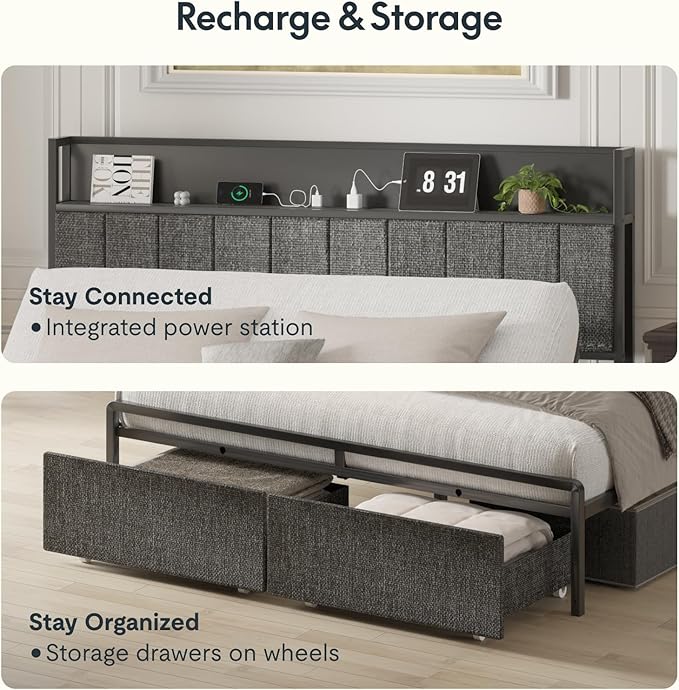 FLEXISPOT Queen Adjustable Bed with Storage Headboard, Charging Station, Head Incline, LED Lighting, Storage Drawers, Quiet Powerful DC Motor, and Easy Assembly