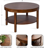 Kate and Laurel Talcott Modern Tiered Round Coffee Table, 28 x 28 x 18, Walnut Brown, Transitional Two-Tier Circle Living Room Table with Storage and Mango Wood Construction