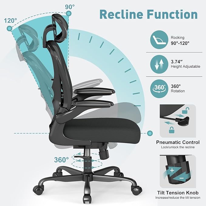 ZZH Ergonomic Office Chair Set of 6 with Adjustable Lumbar Support and Headrest, Mesh Home Office Desk Chair with Wheels and Flip-up Arms, Black