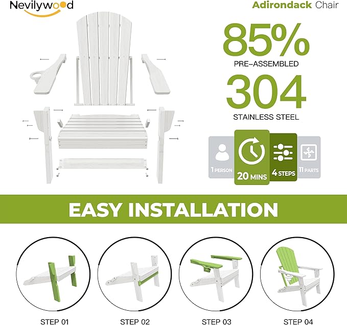 nevilywood Folding Adirondack Chair with Cup Holder Set of 4, HDPE Patio Chairs,All-Weather Outdoor Chairs for Backyard, Deck,Fire Pit-White