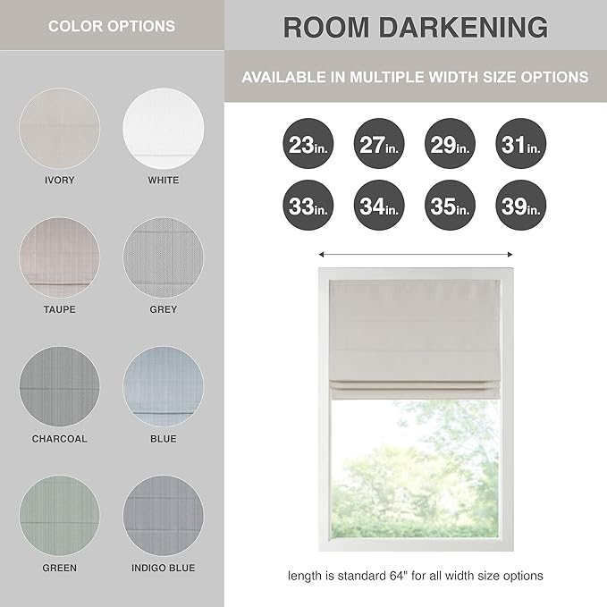 Madison Park Galen Cordless Roman Shade, 29"W x 64"H, Sheen Ivory – Room Darkening, Thermal Insulated, Energy Efficient Window Blind with Subtle Sheen Basketweave Fabric for Privacy