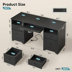 Bestier 59” Computer Desk with 4 Drawers, Office Desk with Storage, Modern Executive Desk with Charging Station, Keyboard Tray & Wooden Pedestals on Both Sides for Home Office & Studio, Black
