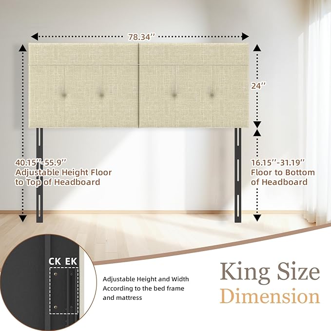 Upholstered King Size Headboard, Headboard King with Sturdy Metal Legs, Tufted Upholstery Design Bed Headboards with Adjustable Width & Height (Linen)