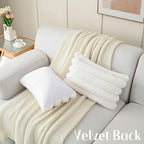 FUTEI Cream White Decorative Throw Pillow Covers 12x20 Inch Set of 2, Square Soft Faux Rabbit Fur Thick Striped Lumbar Pillow Case,Winter Home Decor for Couch Bed Living Room