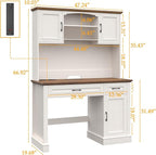 Farmhouse 47" Executive Desk with Hutch, 2 Drawers and LED Light, Computer Desk with Storage Cabinet and Charging Station,Workstation for Home Office and Study.Unique White