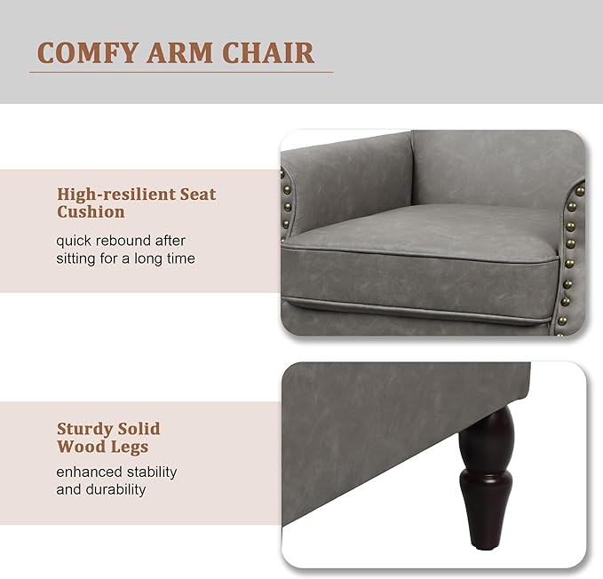 Accent Chair, Mid Century Modern Faux Leather Arm Chair with Wood Leg for Living Room, Bedroom, Comfy PU Leather Club Reading Chairs with Wingback & Nailhead Trim (Leather Grey, Set of 2)