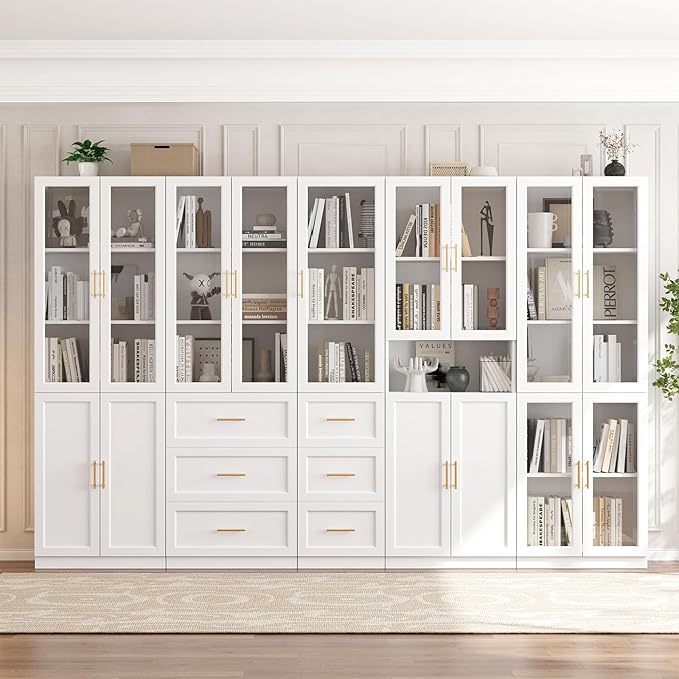 VOWNER Bookcase with Glass Doors & Drawers, 5 Tier Bookshelf with Adjustable Shelf, Modern Large Storage Display Cabinet Set for Home Office, Living Room, White (CDDC)