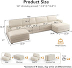 Sunny Heart 160" U-Shaped Modular Sectional Sofa, Oversized Cloud Couch with Movable Ottoman, 6-Seat Chenille Deep Seat Sofa with Pillow, Sectional Couches for Living Room, Apartment, Beige