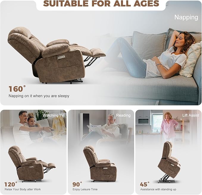 HUSFU Oversized Power Lift Recliner Chair with Massage and Heat for Elderly, Electric Leather Recliner with 2 Cup Holders, Side Pocket and USB Port,Brown