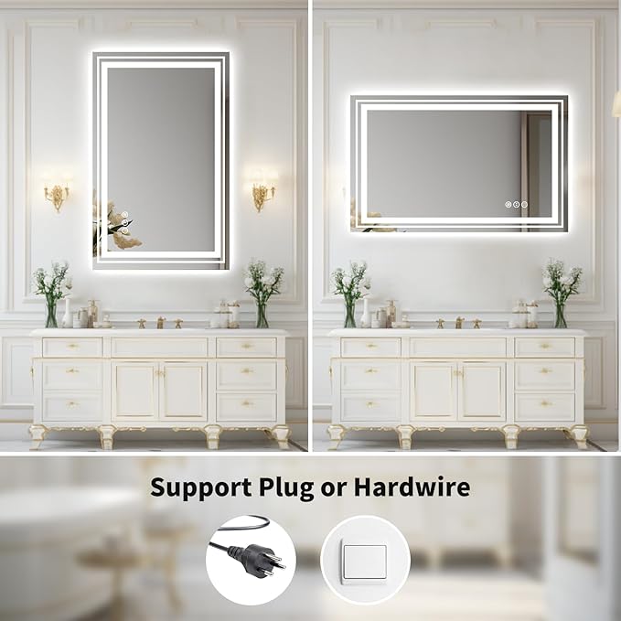 WTTY LED Bathroom Mirror 55"x36" with Back and Front Light,Modern LED Mirror for Bathroom,Stepless Dimmable Lighted Bathroom Vanity Mirror with Anti-Fog,Memory Function,Shatter-Proof
