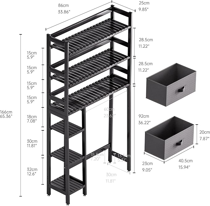SMIBUY Over-The-Toilet Storage Rack, 6-Tier Bamboo Large Bathroom Organizer with Side Shelves and 2 Drawers, Stable Freestanding Space Saver for Bathroom, Laundry Room(Black)