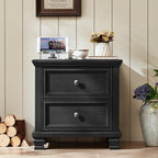 Farmhouse Nightstand with Charging Station, Rustic Low Night Stand with 2 Drawers, Mid-Century Modern End Table with 4 Square Solid Wood Legs, Small Dresser for Bedroom, Home, Black