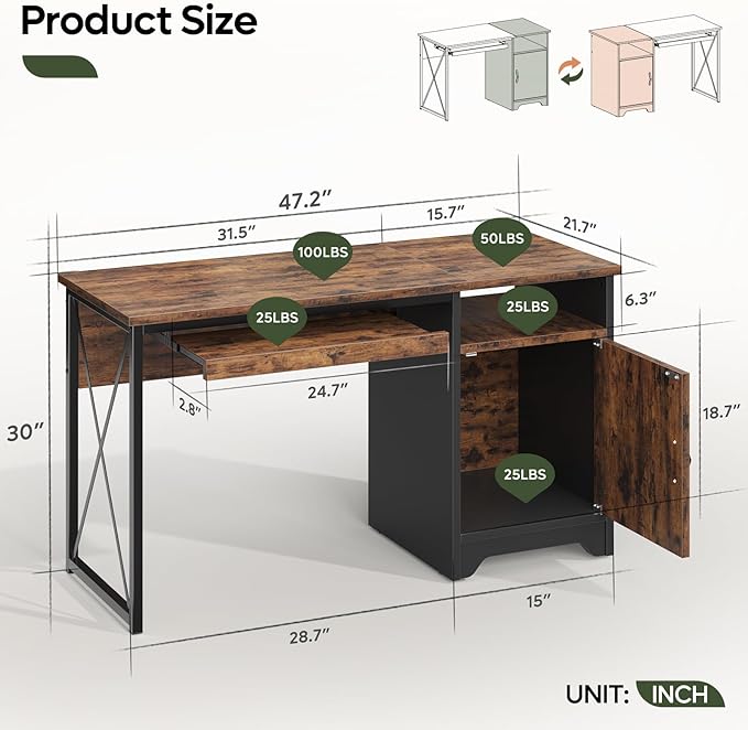 Bestier Office Desk with Keyboard Tray, 47 inch Industrial Computer Desk with Storage, Reversible Executive Desk with File Cabinet for Home Office Bedroom, Rustic Brown