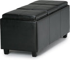 SIMPLIHOME Avalon 42 inch Wide Contemporary Rectangle Storage Ottoman in Midnight Black Vegan Faux Leather, Assembled, For the Living Room, Entryway and Family Room