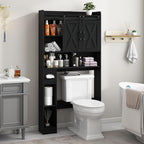 Vabches Over The Toilet Storage Cabinet, Farmhouse Storage Cabinet Over Toilet with Sliding Doors & Toilet Paper Holder Stand，Home Space-Saving Toilet Rack, for Bathroom, Laundry and Restroom.Black