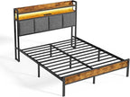 Z-hom Full Bed Frames, Full Bed Frame with 2-Tier Storage Upholstered Headboard, Metal Platform with USB Charging Station & LED Lights, Noise Free, No Box Spring Needed, Easy Assembly, Vintage Brown