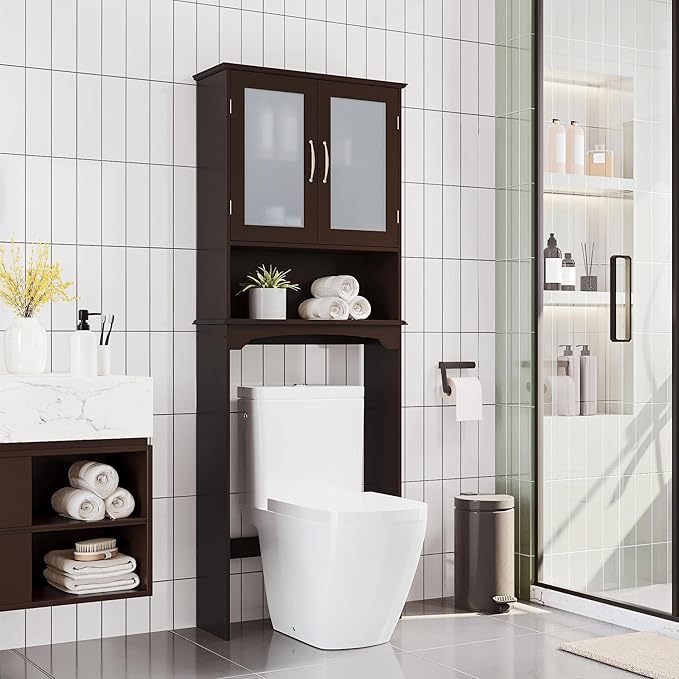 Yaheetech Over The Toilet Storage Cabinet, Free Standing Toilet Rack with Adjustable Shelves and Tempered Glass Doors for Bathroom Washroom, Espresso