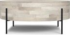 SIMPLIHOME Rayburn Drum Coffee Table - 38 inch Wide Solid Mango Wood Round Living Room Table in White Wash, Modern Urban Center Table for Family Room with Black Metal Legs and Large Surface