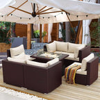 NICESOUL 29.3'' High Backrest Patio Furniture Sectional Set, 7 Piece Outdoor Conversations with Fireplace Natural Gas Propane Convertible, Deep Large Funky PE Rattan Sofa Couches for Backyard, Brown