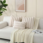 FUTEI Beige Decorative Throw Pillow Covers 26x26 Inch Set of 2, Square Soft Faux Rabbit Fur Thick Striped Euro Pillow Shams,Winter Home Decor for Couch Bed Living Room