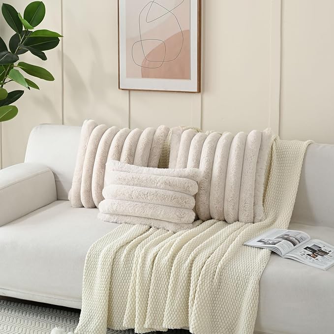 FUTEI Beige Decorative Throw Pillow Covers 20x20 Inch Set of 2, Square Soft Faux Rabbit Fur Thick Striped Cushion Cover,Winter Home Decor for Couch Bed Living Room