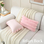 FUTEI Pink Decorative Throw Pillow Covers 12x20 Inch Set of 2, Square Soft Faux Rabbit Fur Thick Striped Lumbar Pillow Case,Winter Home Decor for Couch Bed Living Room