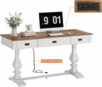 WAMPAT 60-inch Vintage Wood Home Office Desk with Stable Solid Wood Pedestral Legs, Tradional Rustic Writing Table Executive Desk with Deep Drawers and Power Outlets for Office,Study,Antique White