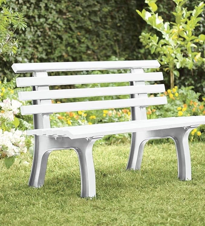 Plow & Hearth Weatherproof German PVC Outdoor Bench | Holds Up to 500 lbs | Garden Patio Porch Park Deck | Steel and Resin | White