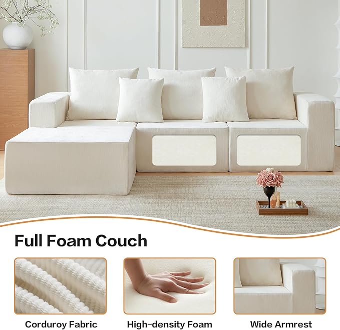101" Cloud Couch Sectional, Corduroy Boneless Couch with L Shape Chair, All-Foam Compressed Sofa for Living Room, No Assembly Required (Beige)