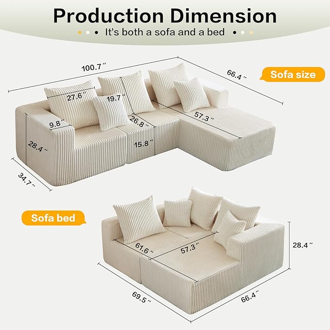100.7" Boneless Couches for Living Room, Fully Memory Foam Sofa with Deep Seat, L Shape Sectional Couch Corduroy Fabric, Compressed Sofa in a Box,No Assembly Required (Beige, Right Facing Chaise)