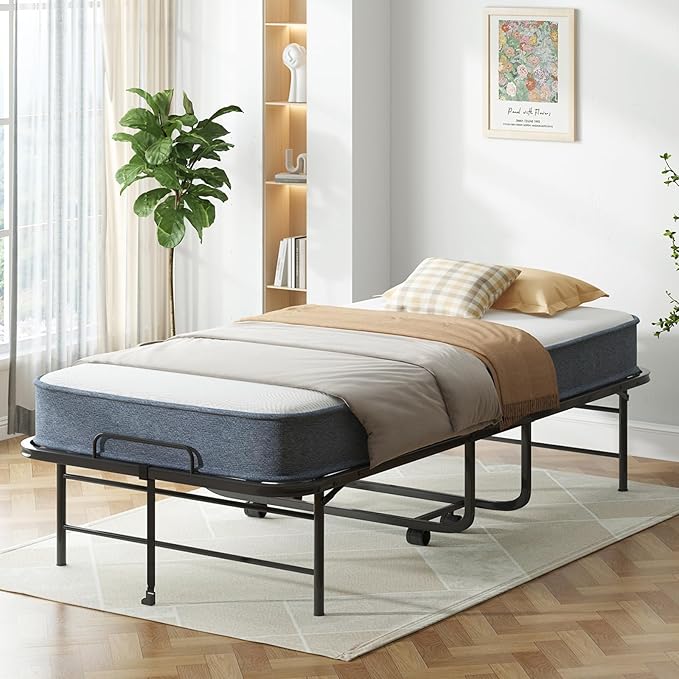 Mjkone Folding Bed with Mattress, 5 Inch Rollaway Bed for Adults, Fold Up Beds with Lockable Wheels, Sturdy Metal Fold Away Frame for Bedroom/Guest, Space Saving（75" x 31"）