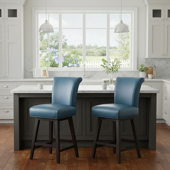 CHITA 26 Inch Counter Height Swivel Bar Stools Set of 3, FSC Certified Modern Upholstered Faux Leather Swivel Barstool Chair with Back, Blue