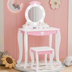 MU Kids Vanity Set with Lighted Mirror and Stool, Kids Make Up Vanity Desk with Storage Space, Wing Pattern for Little Girls, Toddler Princess Makeup Dressing Table with Chair Set, White
