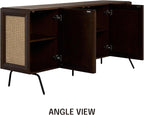 NTC MOSSIC Modern Sideboard with 4 Doors, Natural Rattan Storage Cabinet, Buffet with Metal Legs, Boho Accent Cabinet for Living Room, and Entryway, Effortless Assembly - Dark Walnut