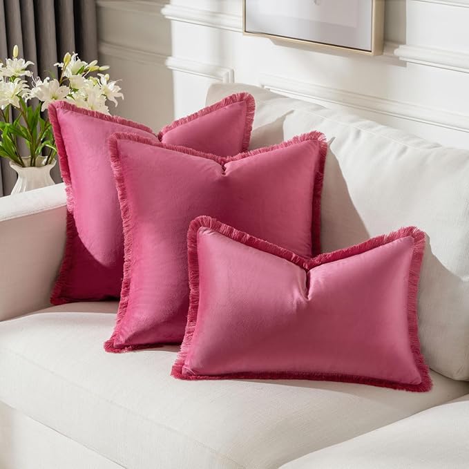 FUTEI Hot Pink Velvet Decorative Throw Pillow Covers 22x22 Set of 2,Soft Cozy Edge with Tassels Cushion Case,Boho Modern Home Decor for Couch Bed Living Room