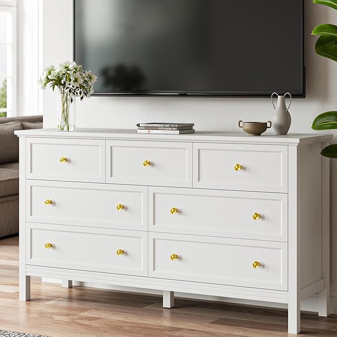 White Dresser for Bedroom with Gold Handle Modern 7 Drawer Dresser, Wood Chest of Drawer Closet Clothes Storage Organizer for Living Room, Hallway, TV Stand, 55 Inch