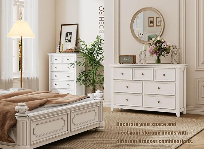 BLANKSPACE White Farmhouse Dresser, 6 Chest Drawer Dresser for Bedroom, Large Capacity Nightstand, Modern Tall Wood Cabinet for Bedroom, Living Room, Closets, Hallway