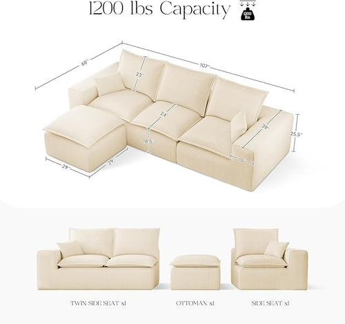 107" Comfy Cloud Couch with L-Shape Chaise & Deep Seat, Modular Sectional Sofa in a Box, Boneless Upholstered Couches for Living Room, No Assembly Required (Soft Corduroy, Beige)