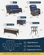 HILLGA Luxury Patio Furniture Set with 6-inch Thick Cushion, Outdoor Couch and High Back Swivel Rocker Patio Chairs, 8PCS Wicker Conversation Set for Deck Yard and Poolside, Blue (V2)