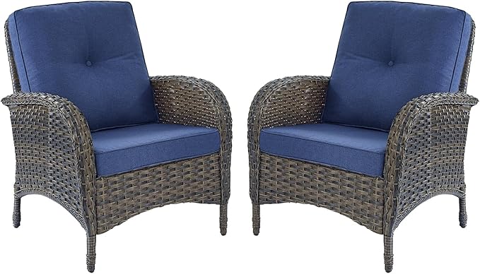 HUMMUH Outdoor Wicker Chairs Patio Dining Chairs Set of 2 with High Back and Deep Seat for Garden,Porch,Backyard,Balcony (Brown/Blue)
